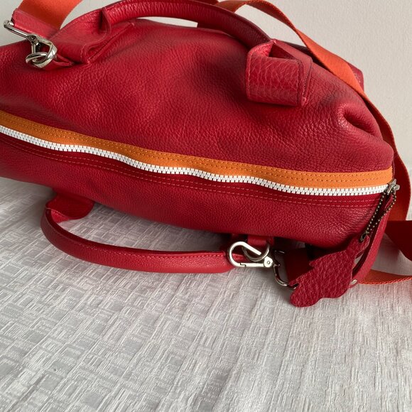 Roots Red Leather Satchel Bag With Stripe Detail - Picture 12 of 16